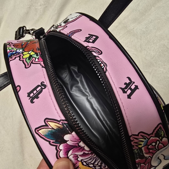 Ed Hardy Pink Floral Skull Print Lunch Tote - Picture 2 of 5